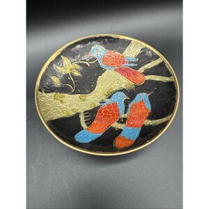 Vintage Brass Bird Branch Enamel 6.75” Bowl Trinket Dish